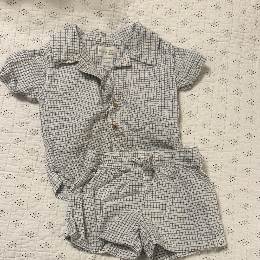 Little Planet Blue Grid Kids Matching Set - Shirt & Shorts